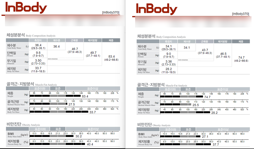 다이어트 한약 처방 전후 체성분 검사 결과지 예시